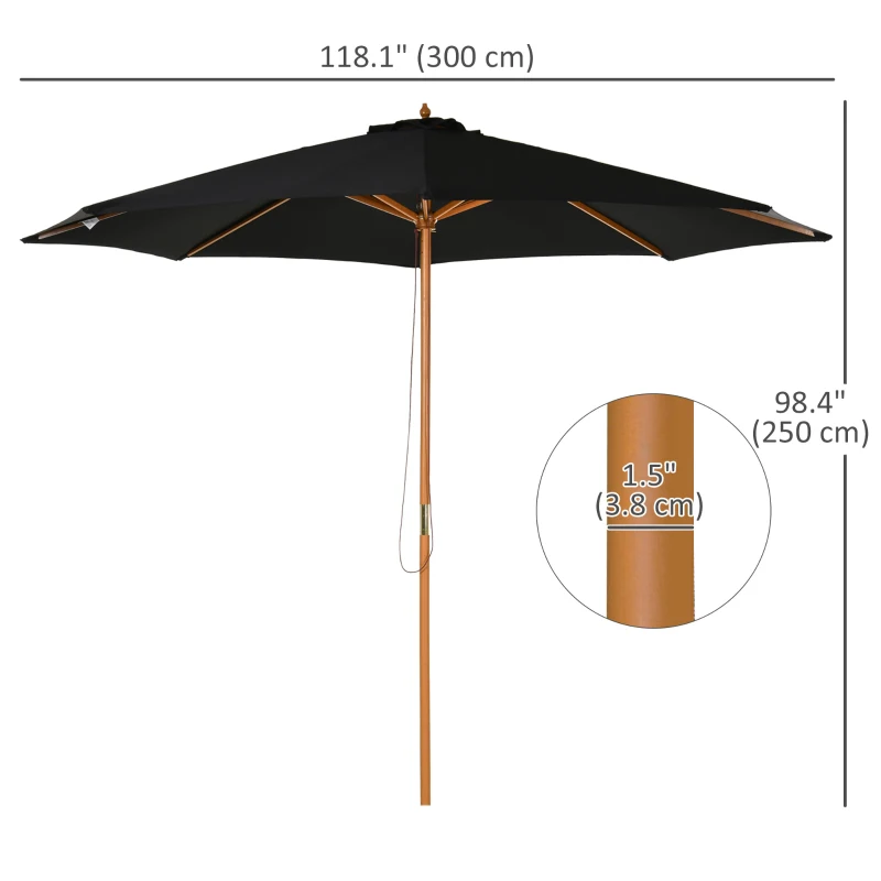 Outsunny 10' x 8' Wooden Patio Umbrella, Garden Parasol, Outdoor Sunshade Canopy with Bamboo Rib for Outdoor, Black