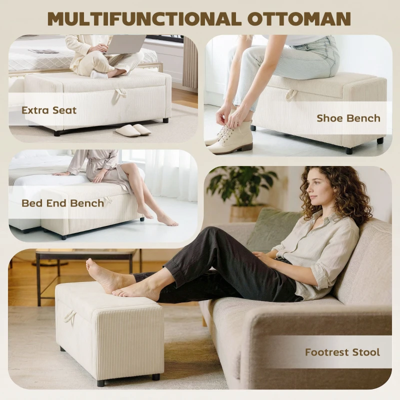 HOMCOM Storage Ottoman, Upholstered Corduroy End of Bed Bench with Thick Padding, Storage Bench for Bedroom, Beige