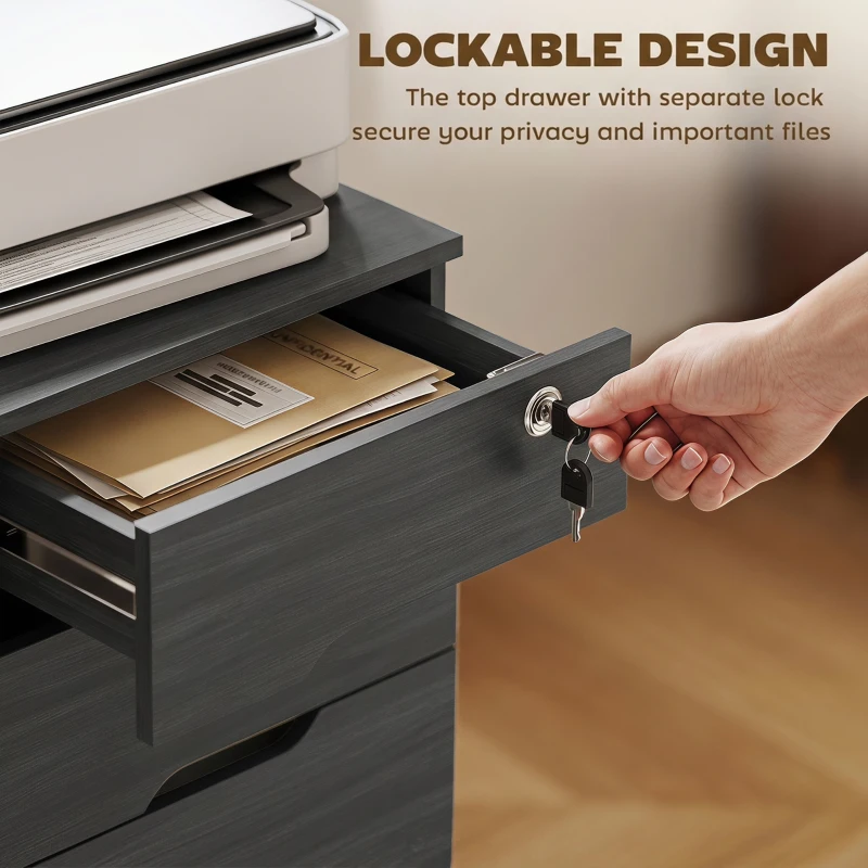 HOMCOM Filing Cabinet with Power Outlets File Cabinet Lockable Casters File Drawer Side Cubbies Black Wood Grain