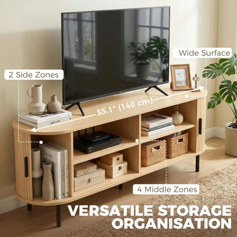 HOMCOM TV Stand for TVs up to 60", Modern Entertainment Center with Curved Sliding Doors, Natural Wood