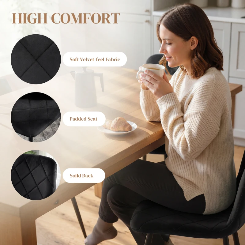 HOMCOM Dining Chairs Set of 4, Upholstered Dining Room Chairs with Steel Legs, Modern Kitchen Chair for Dining Room, Black