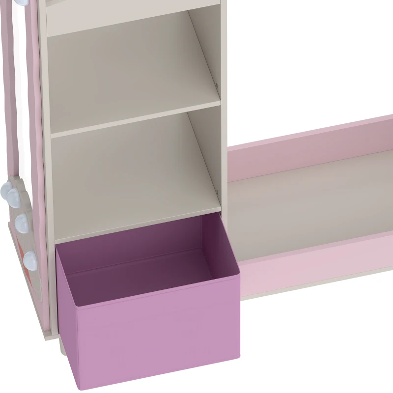 Qaba Kids Clothing Rack, Kids Wardrobe with Glowing Lights Mirror, Non-Woven Drawer and Shelves for Bedroom, Ages 3-8, Pink