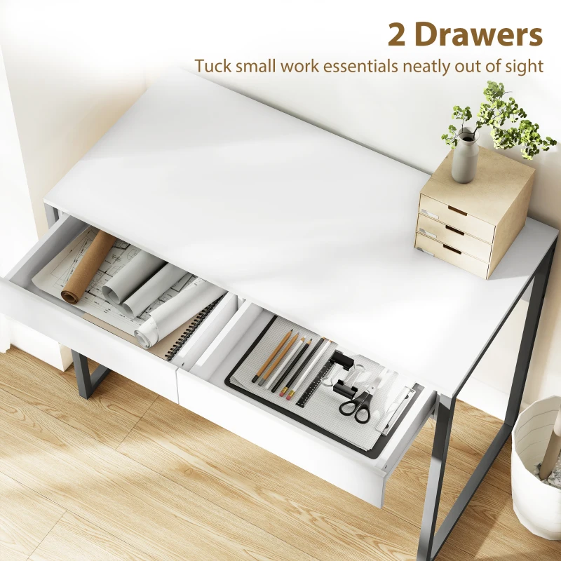 HOMCOM High Gloss Home Office Desk, 39" x 20" Computer Desk with 2 Drawers for Small Spaces, White and Grey