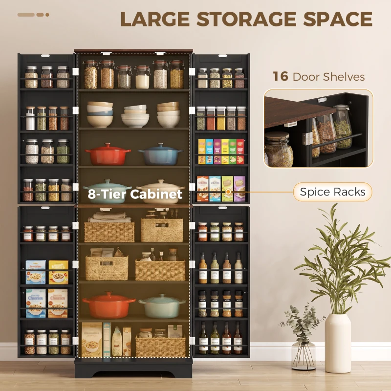 HOMCOM 166 cm Kitchen Pantry Cabinet Adjustable Shelves Tall Storage Cabinet Door Shelves 8 Shelves Brown Black