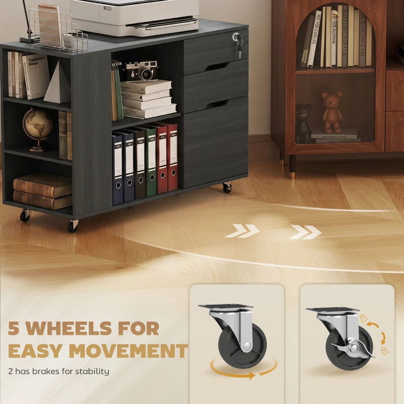 HOMCOM Filing Cabinet with Power Outlets File Cabinet Lockable Casters File Drawer Side Cubbies Black Wood Grain