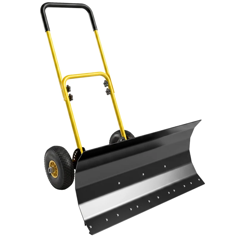 Outsunny Snow Shovel with Wheels, 29" x 16.5" Metal Snow Pusher with Adjustable Handle, 5-Angle Blade for Driveway, Yellow