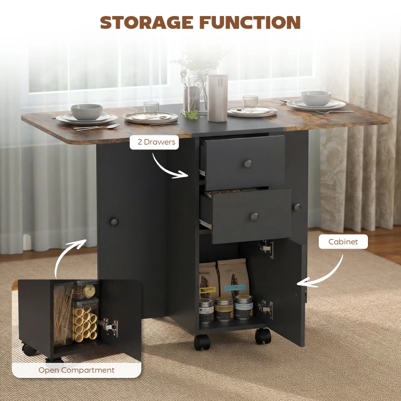 HOMCOM Drop Leaf Dining Table, Mobile Folding Table on Wheels with Drawers and Cabinet for Dining Room, Rustic Brown and Black