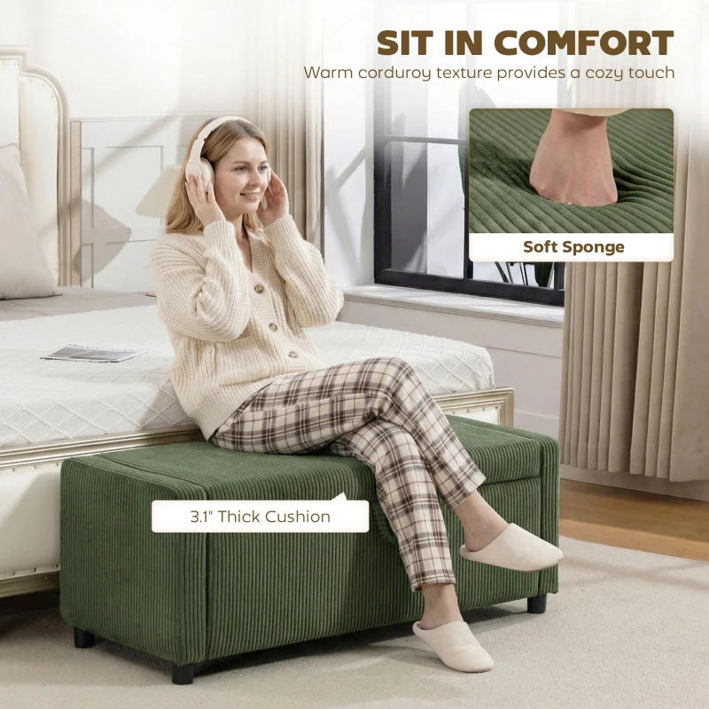HOMCOM Storage Ottoman, Upholstered Corduroy End of Bed Bench with Thick Padding, Storage Bench for Bedroom, Dark Green