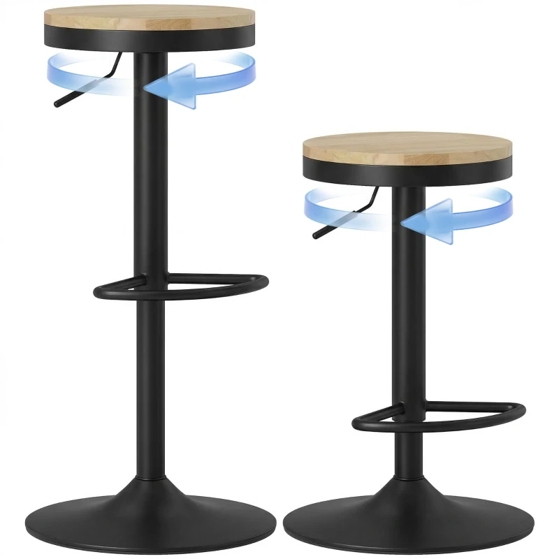 HOMCOM Wood Barstools Set of 2, Swivel Bar Stools with Adjustable Height for Kitchen Counter, Natural Wood and Black