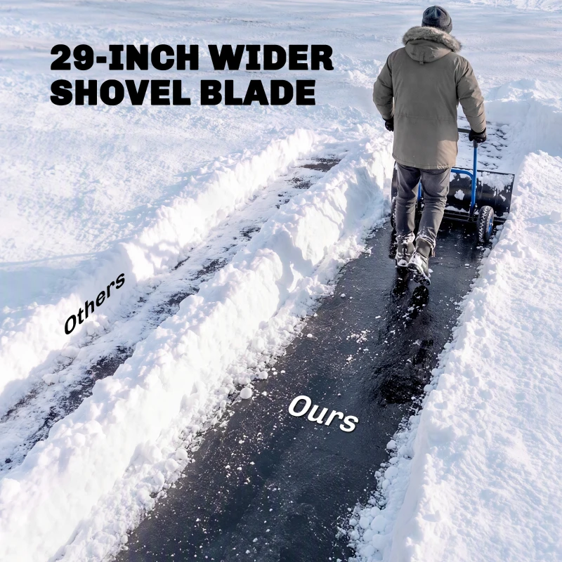Outsunny Snow Shovel with Wheels, 29" x 16.5" Metal Snow Pusher with Adjustable Handle, 5-Angle Blade for Driveway, Blue