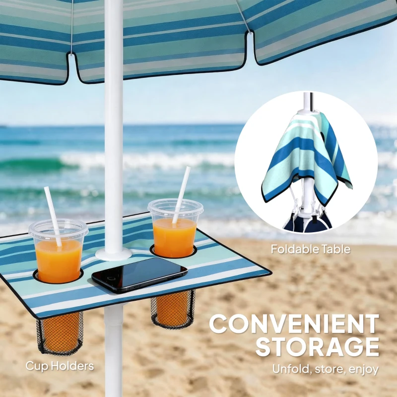 Outsunny 6 ft Portable Beach Umbrella with Foldable Table, Tilting Outdoor Sun Shade with Sand Anchor, Sandbag, Dark Blue
