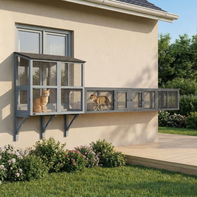 PawHut Wooden 98" Cat Tunnel for Outdoor with Combinable Design, 8 Doors, Dark Gray