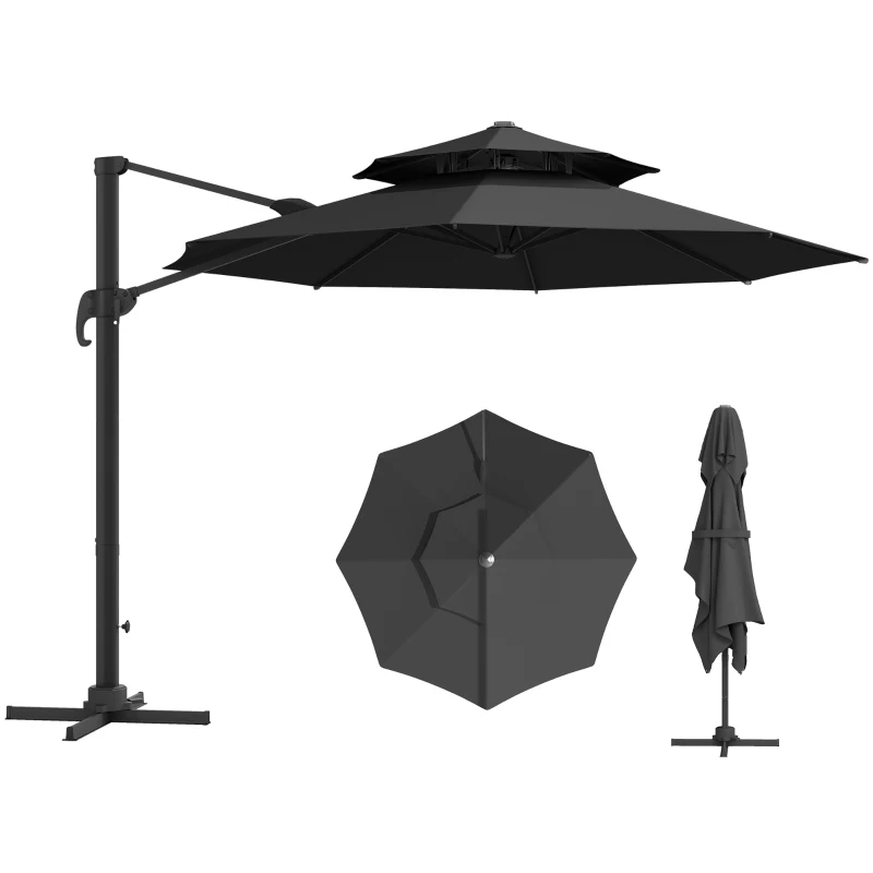 Outsunny 11ft Outdoor Cantilever Umbrella Rotatable Sun Shade Aluminum Market Umbrella with Adjustable Angle & Double-top Canopy for Backyard, Poolside, Lawn and Garden Dark Grey
