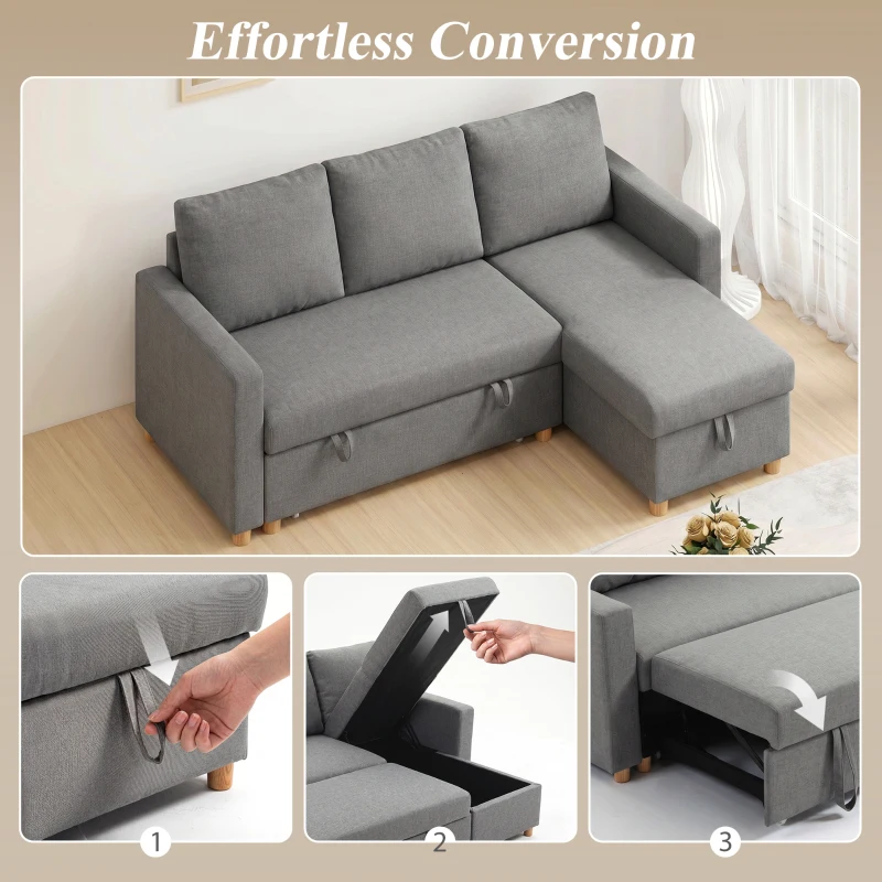 HOMCOM 83" Sofa Bed, Pull Out Sleeper L Shaped Sectional Couch with Reversible Storage Chaise, Wide and Deep Seat, Light Grey