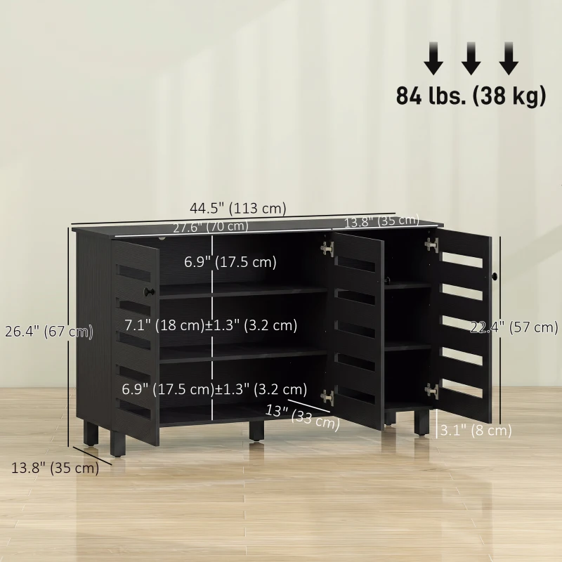 HOMCOM Shoe Cabinet with 3 Slatted Doors, 3-tier Shelving Rack Cabinet with Adjustable Shelves for 15 Pairs of Shoes, Black