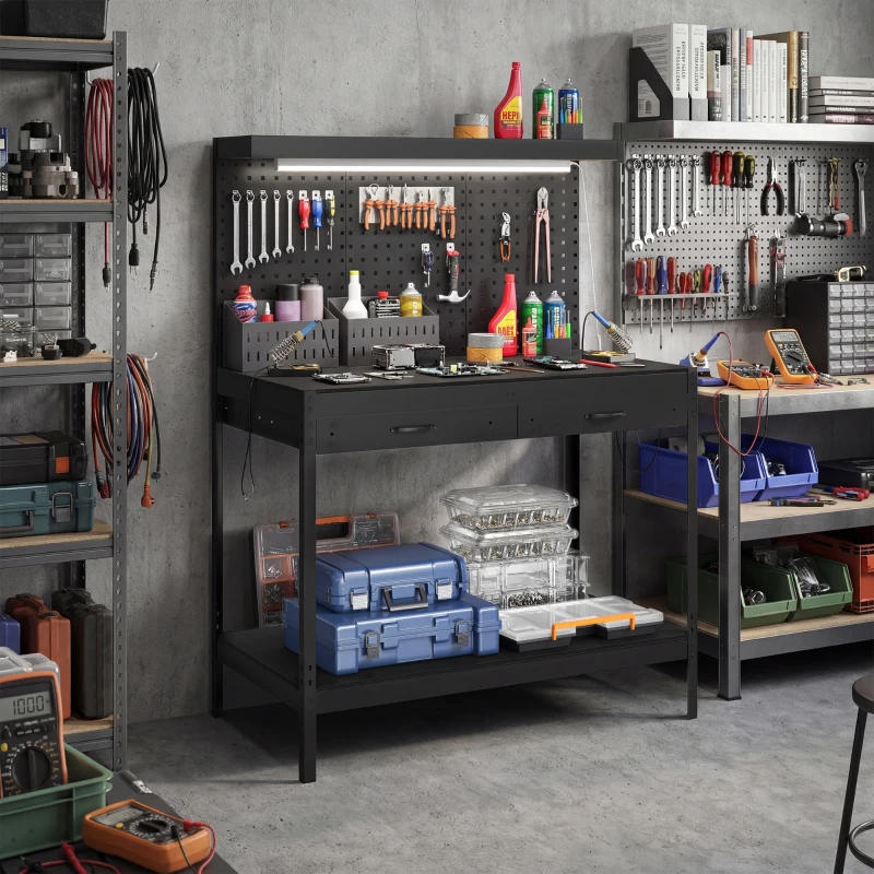 HOMCOM Workbench with LED Light and Power Strip, 43" Heavy Duty Work Table with Pegboard and Drawers for Garage Workshop, Black