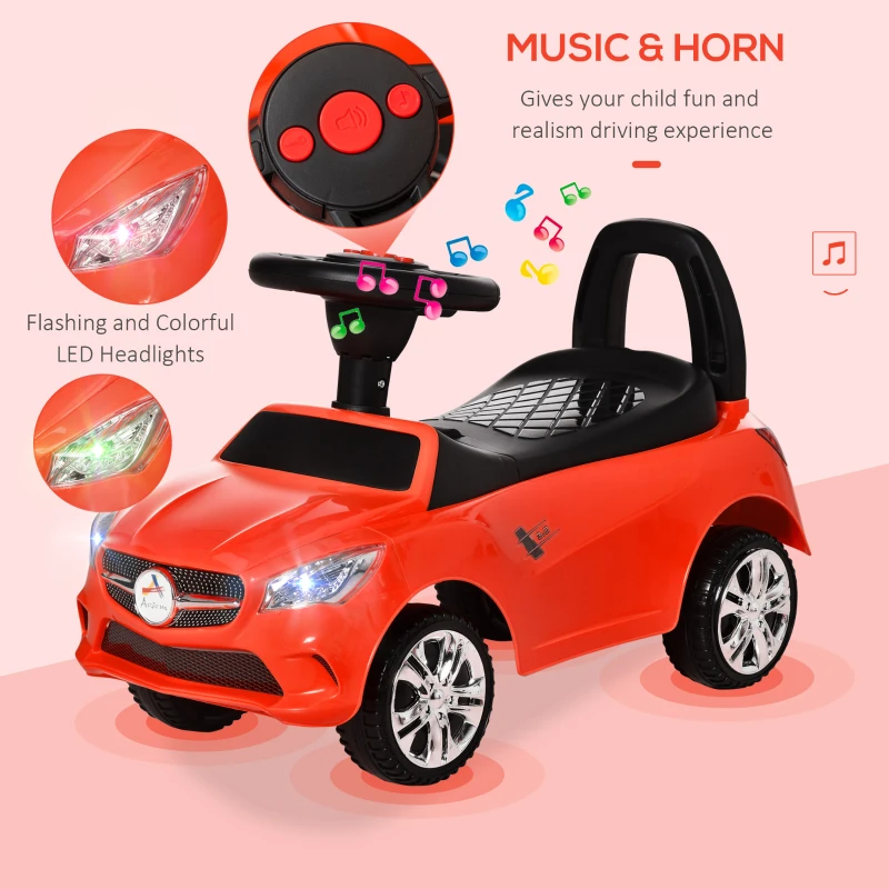 Aosom Kids Ride On Push Car, Foot-to-Floor Walking Sliding Toy Car for Toddler with Under Seat Storage, Music, Headlights Red