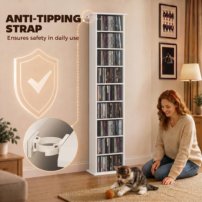 HOMCOM 9-Tier DVD Shelf with 7 Adjustable Shelves, Slim CD Shelf, Holds 252 CDs, 147 DVDs or 189 Blu-rays, White