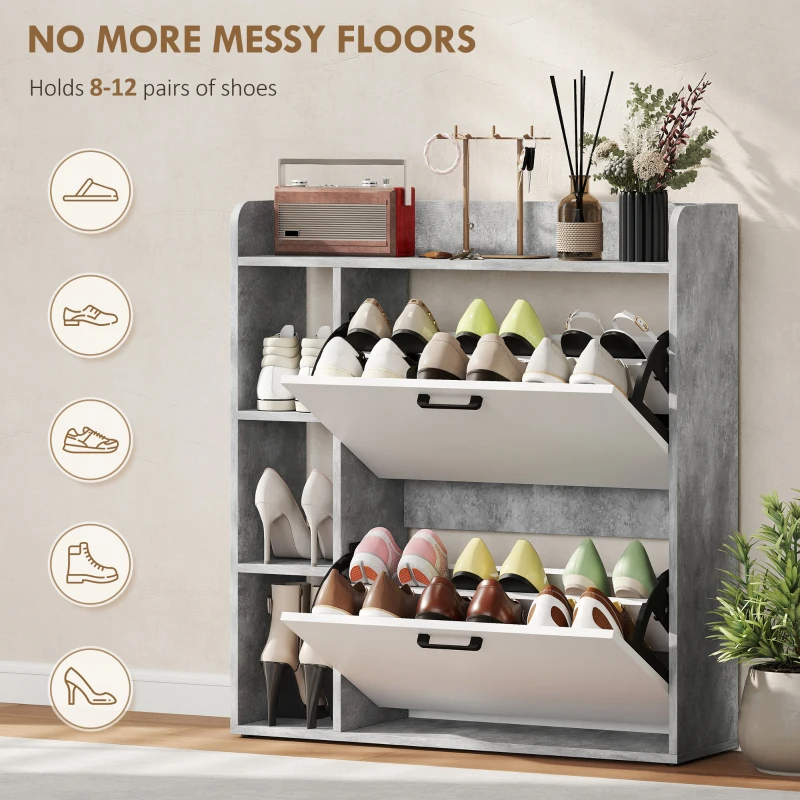 HOMCOM Shoe Cabinet with 2 Flip Drawers, 3 Side Compartments, Adjustable Shelves, 8-12 Pairs for Entryway Hallway, Grey
