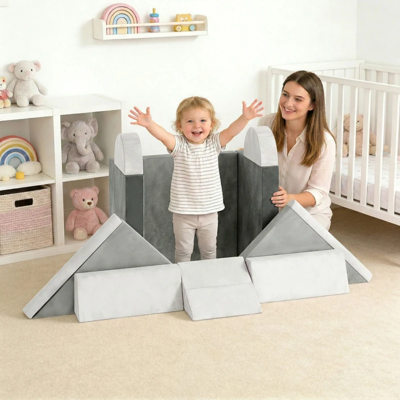 Qaba 12 PCS Modular Kids Play Couch, Child Sectional Sofa for Toddlers, Convertible Foam and Floor Cushion, Grey