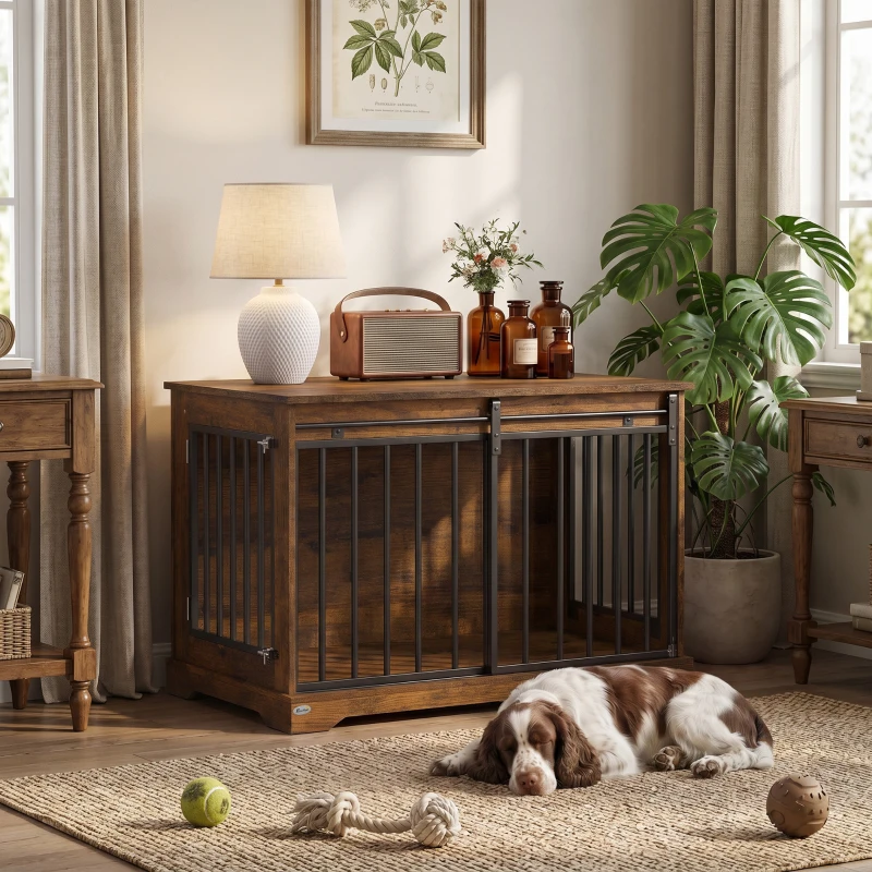 PawHut 100 cm Dog Crate Furniture with Sliding Barn Door for Large Breeds, Rustic Brown