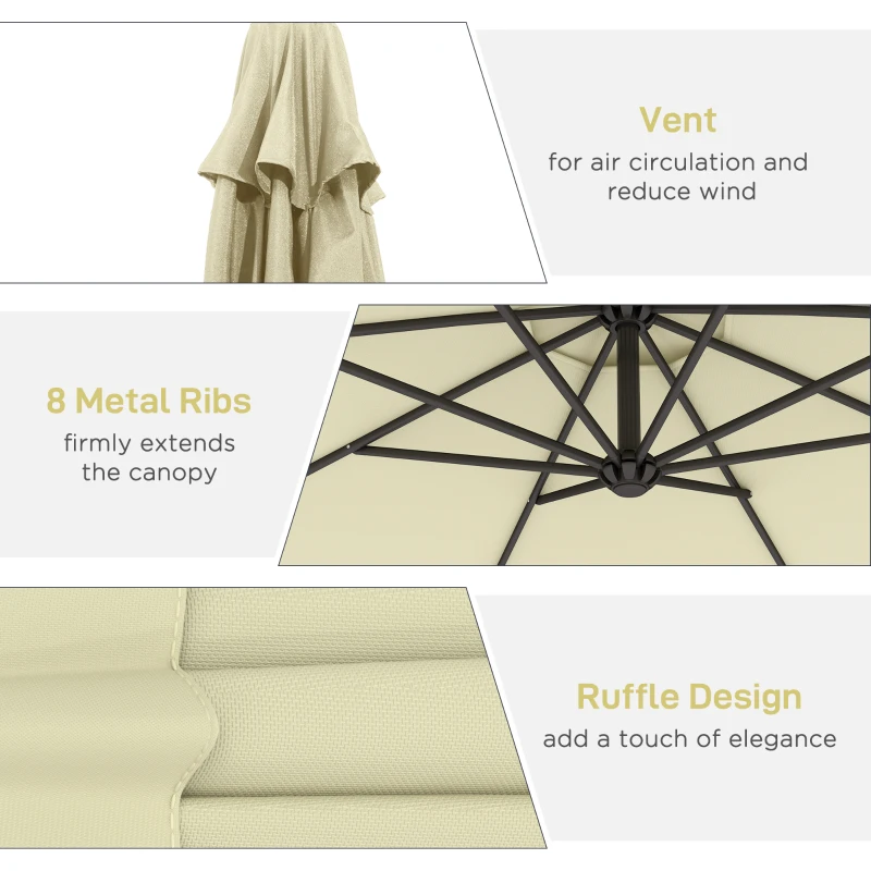 Outsunny 10' Deluxe Patio Umbrella, Outdoor Market Parasol, Banana Hanging Offset Sunshade with Crank, Cross Base, Beige