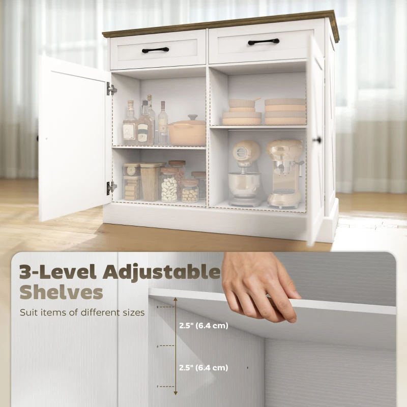 HOMCOM Kitchen Island with Sitting Space, Sideboard Cabinet with 2 Drawers and 2 Adjustable Shelves for Dining Room, White