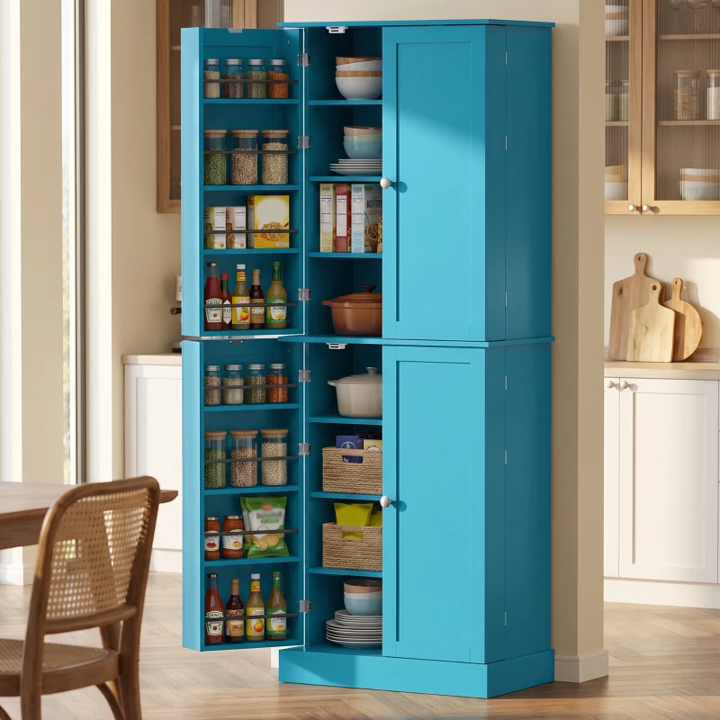 HOMCOM 65" Kitchen Cabinet, Kitchen Pantry Cabinet with 4 Doors and 16 Door Shelves for Dining Room, Blue