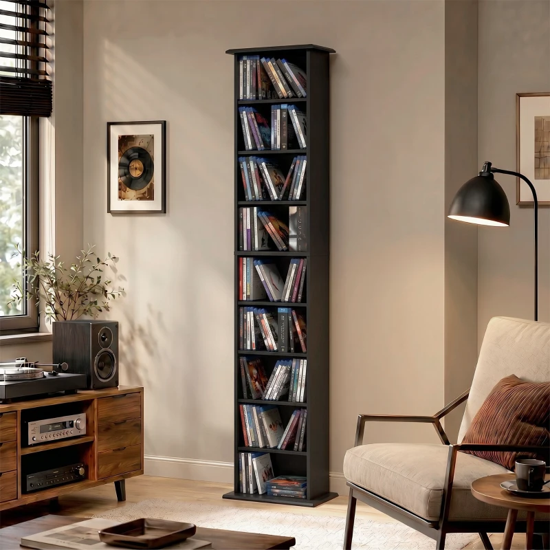 HOMCOM 9-Tier DVD Shelf with 7 Adjustable Shelves, Slim CD Shelf, Holds 252 CDs, 147 DVDs or 189 Blu-rays, Black