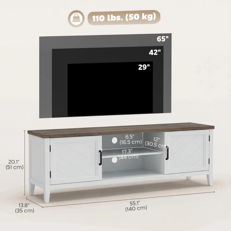 HOMCOM TV Stand for TVs up to 65 Inch, Entertainment Center with 2 Open Shelves, 2 Cabinets, Thick Top, White and Brown