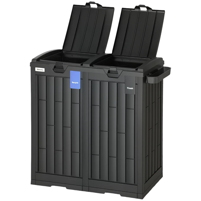 Outsunny 58 Gallon Double Outdoor Garbage Bin with Dual Lid, Plastic Outdoor Waste Trash Can with Ash Holder and Drip Trays