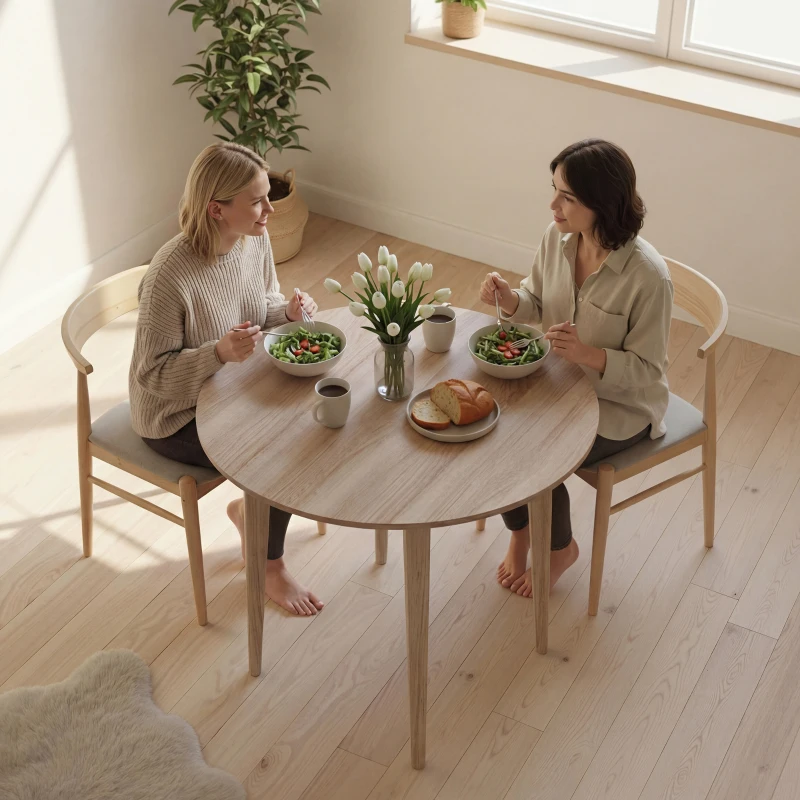 HOMCOM Folding Dining Table, Round Drop Leaf Kitchen Table for Small Spaces with Wood Legs, Oak Color