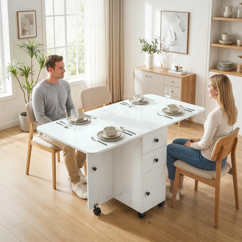 HOMCOM Drop Leaf Dining Table, Mobile Folding Table on Wheels with Drawers and Cabinet for Dining Room, Kitchen, Marble White