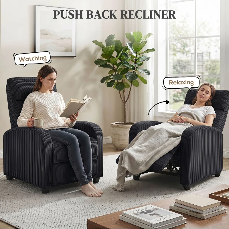 HOMCOM Corduroy Home Theater Seating, Push Back Recliner Chair with Padded Seat for Living Room, Black