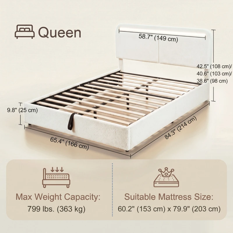 HOMCOM Queen Size Bed Frame with Charging Station, LED Lights, Adjustable Headboard, Upholstered Platform Bed Frame White
