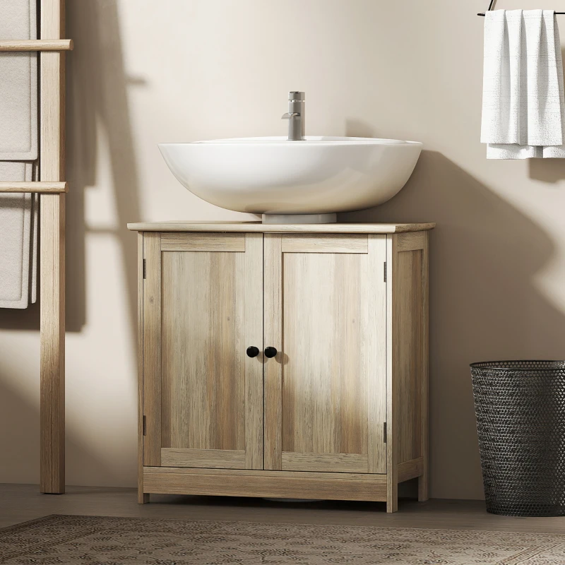 HOMCOM Bathroom Vanity, 24" Pedestal Sink Bathroom Vanity Furniture with 2 Doors and Shelf, Grey Wood Grain