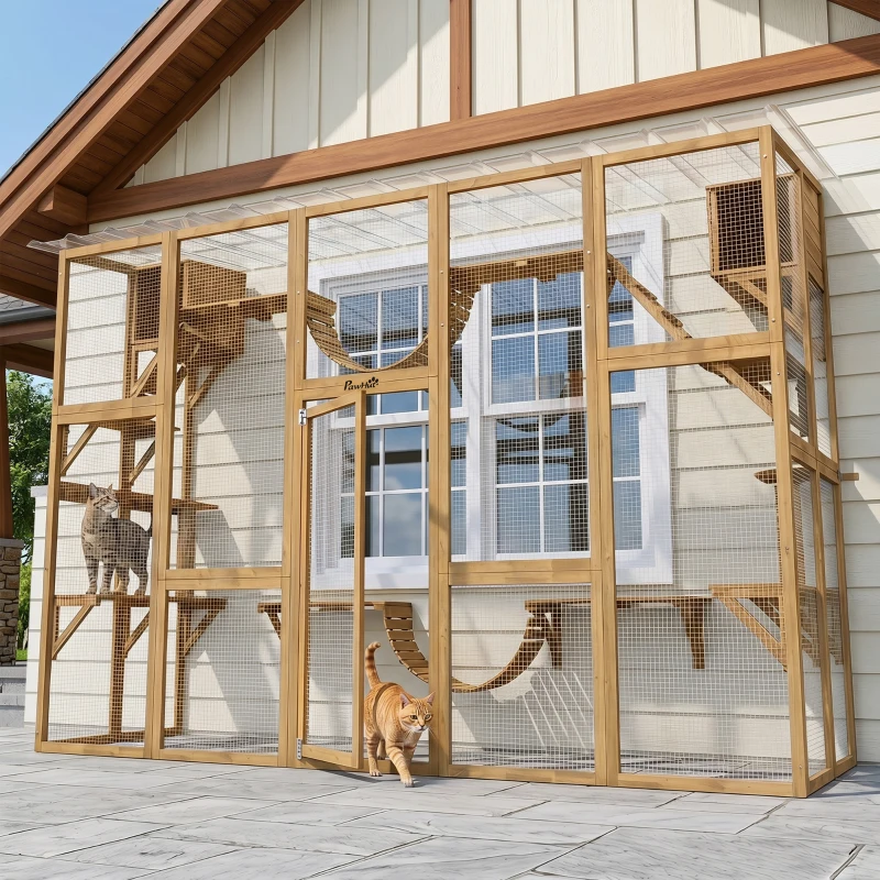PawHut Catio Playground Cat Window Box Outside Enclosure for Multiple Cats w/ Shelves & Bridges, Yellow