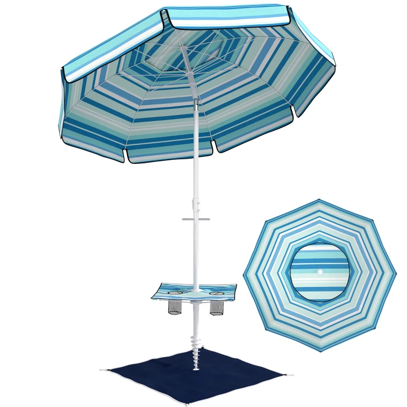 Outsunny 6 ft Portable Beach Umbrella with Foldable Table, Tilting Outdoor Sun Shade with Sand Anchor, Sandbag, Dark Blue
