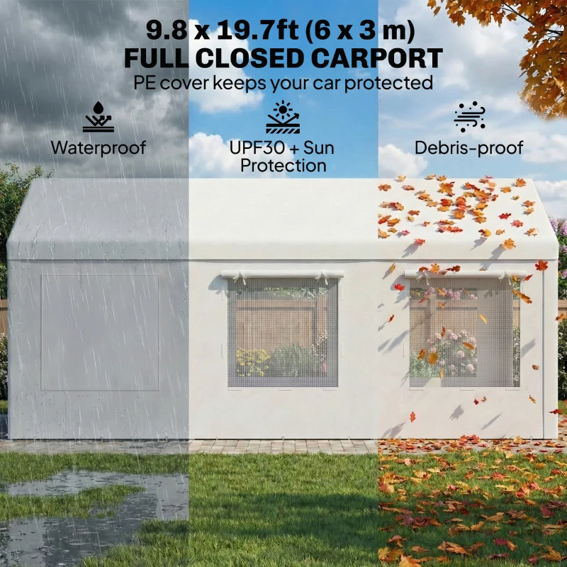 Outsunny 10' x 20' Heavy Duty Carport, Height Adjustable Portable Garage Car Canopy Tent Shelter with Doors, Windows, White