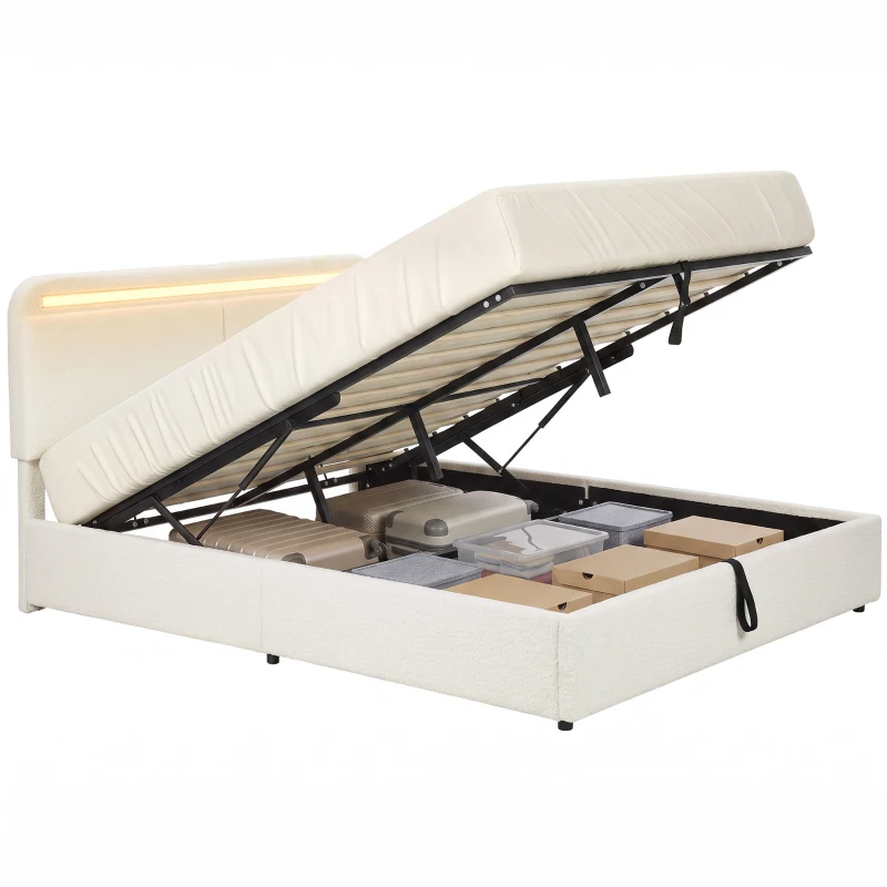 HOMCOM Queen Size Bed Frame with Charging Station, LED Lights, Adjustable Headboard, Upholstered Platform Bed Frame White