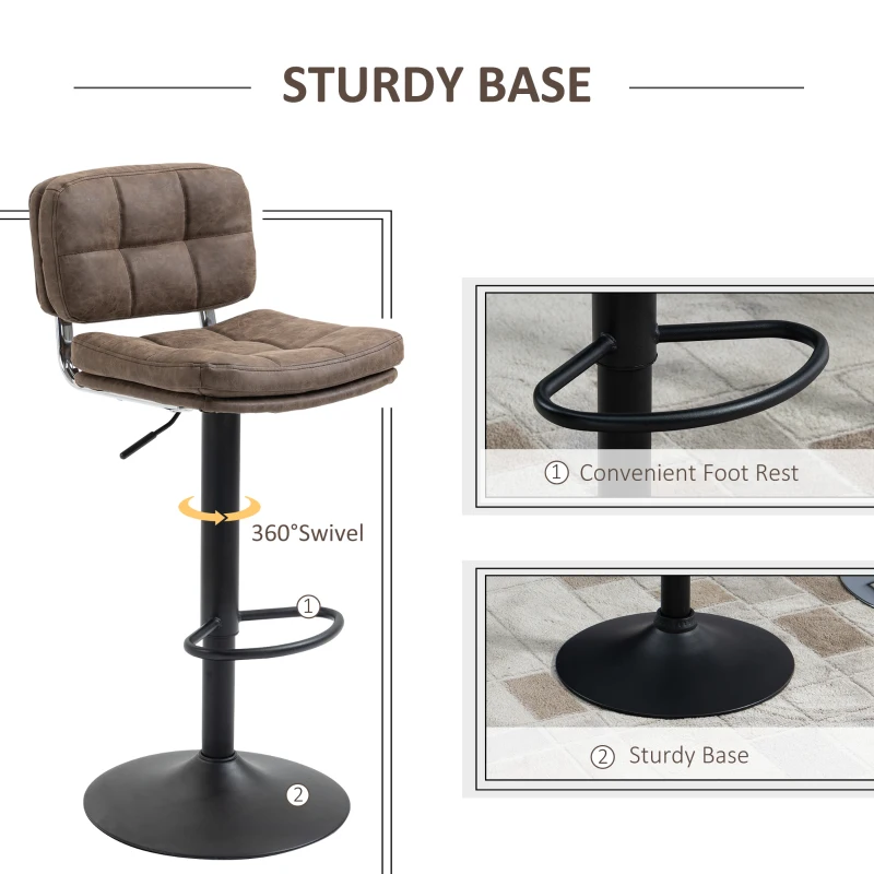 HOMCOM Bar Stools Set of 2, Swivel Counter Height Barstools with Adjustable Height, Back and Footrest, PU Leather Bar Chairs