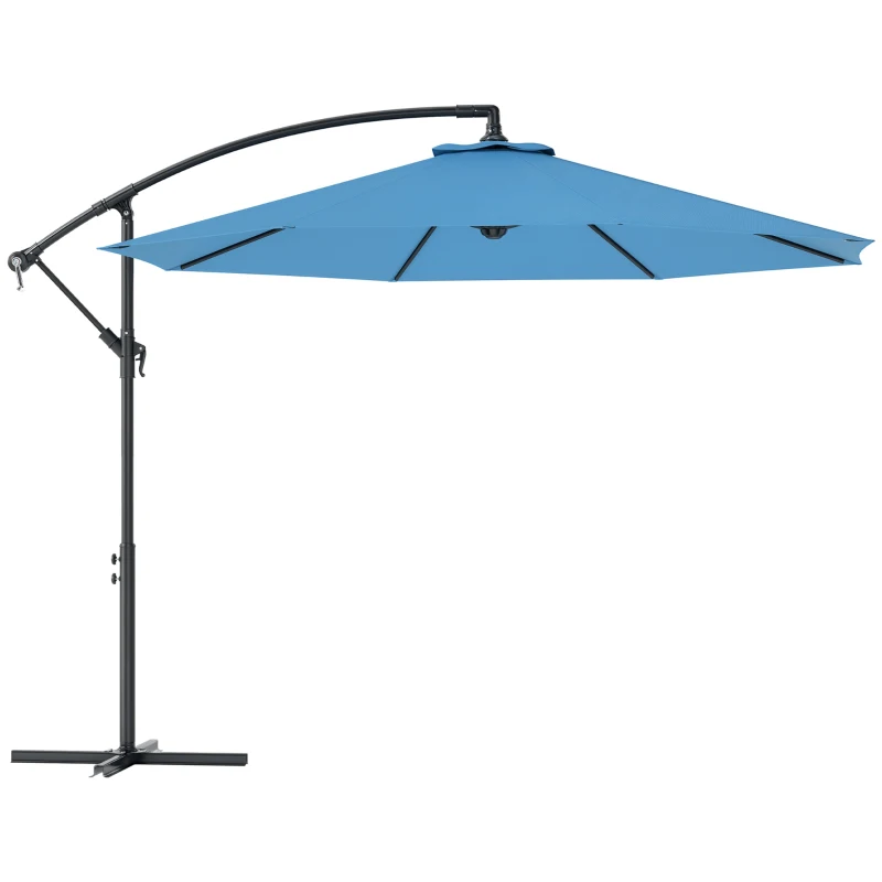 Outsunny 10' Deluxe Patio Umbrella, Outdoor Market Parasol, Banana Hanging Offset Sunshade with Crank, Cross Base, Blue