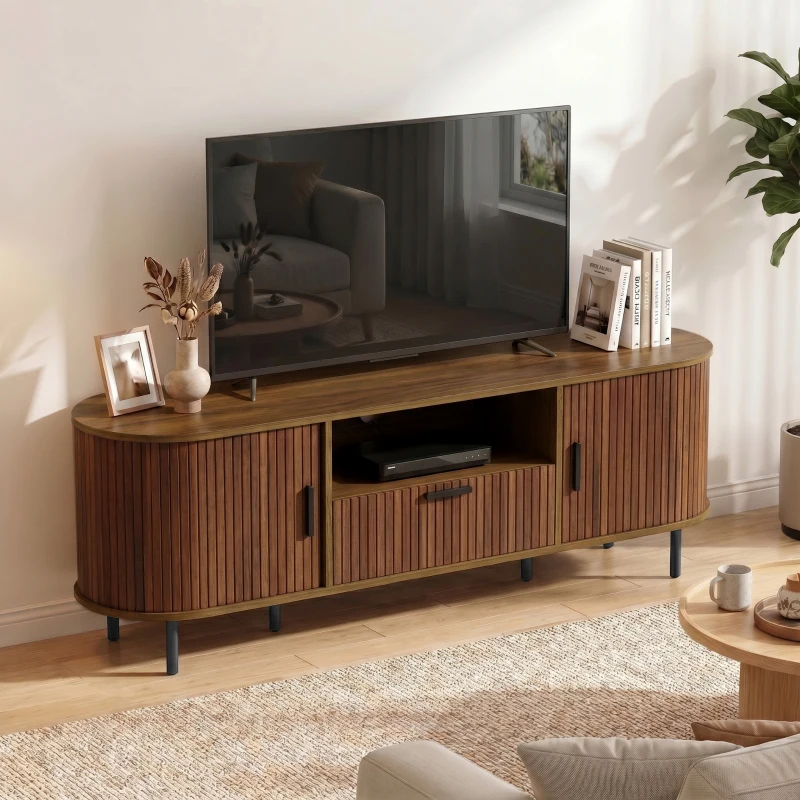HOMCOM TV Stand for TVs up to 60", Modern Entertainment Center with Curved Sliding Doors and Storage, Brown