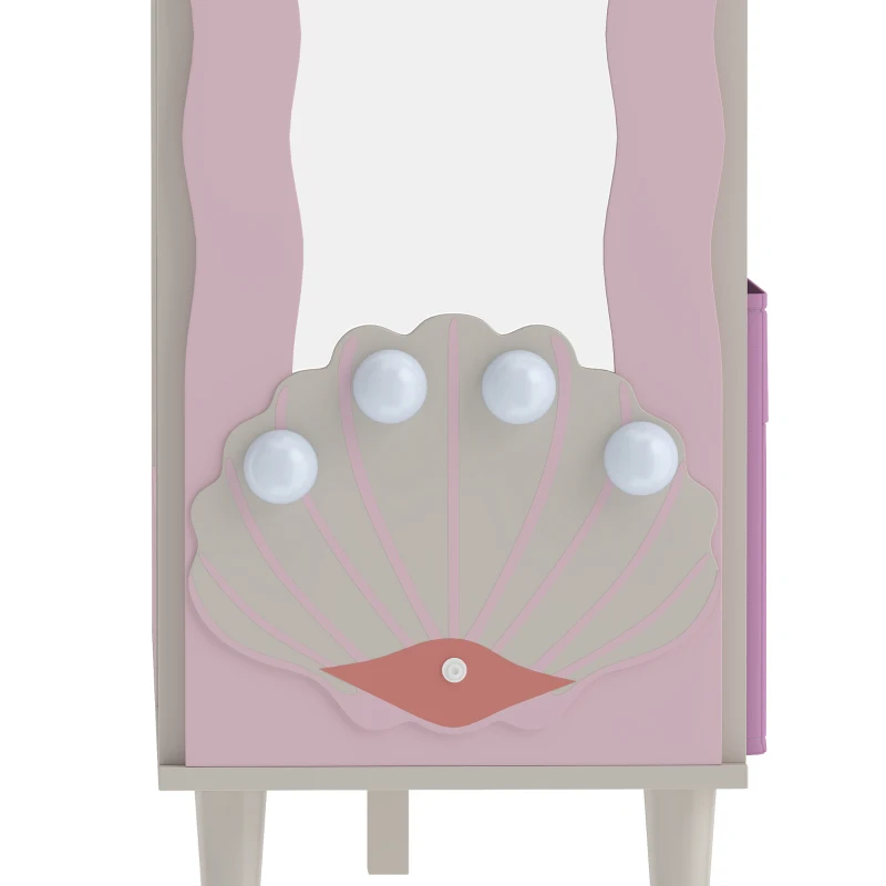 Qaba Kids Clothing Rack, Kids Wardrobe with Glowing Lights Mirror, Non-Woven Drawer and Shelves for Bedroom, Ages 3-8, Pink