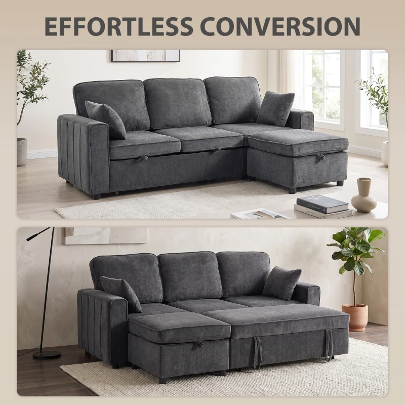HOMCOM Modular Sectional Sofa Bed with Reversible Storage Ottoman, Pull Out Sleeper Sofa with Spring Cushion, Dark Grey