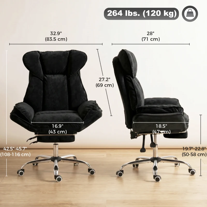 HOMCOM Big and Tall Office Chair Footrest Executive Desk Chair High Back Snowflake Velvet Reclining, Black