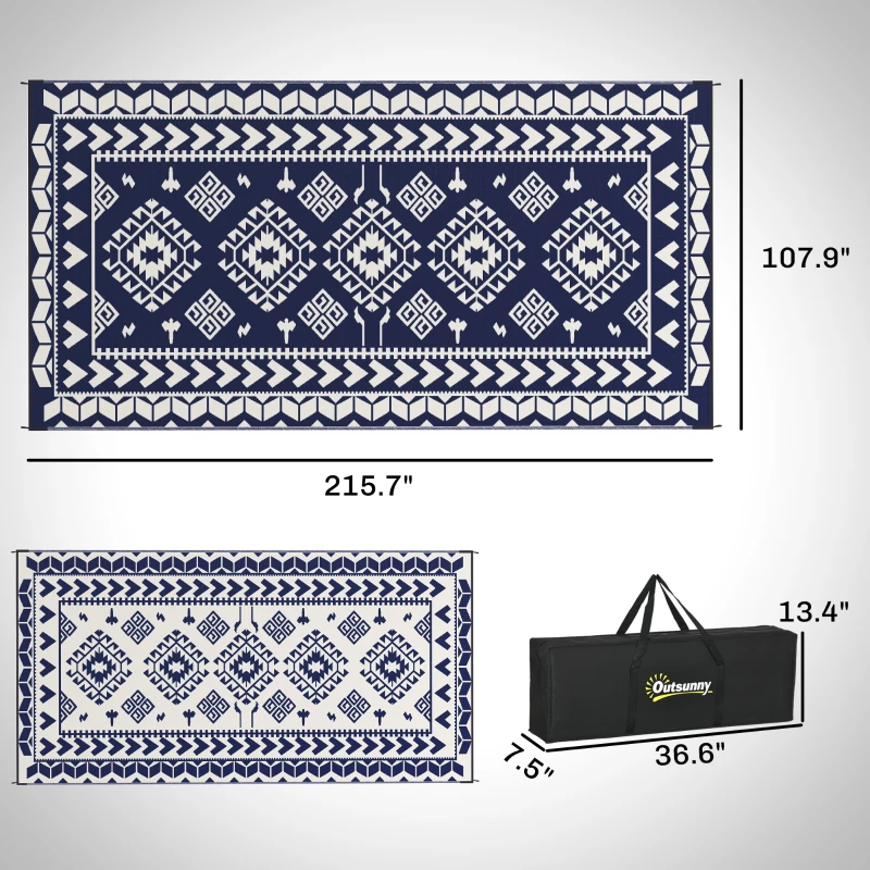 Outsunny Reversible Outdoor Rug, Waterproof Plastic Straw with Carry Bag, 9' x 18', Blue & White Rhombus Patchwork
