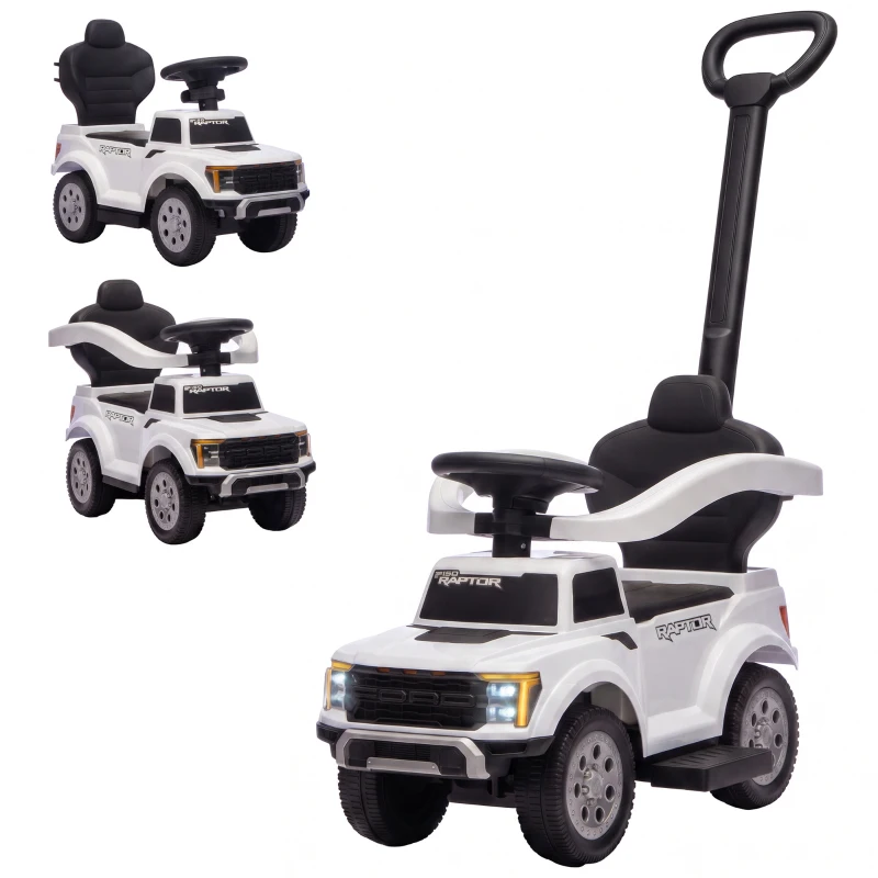 Qaba 3 In 1 Licensed Ford Kids Push Car with Push Handle, Horn, Sound, Secure Bar, Storage, for Toddlers 18-36 Months, White
