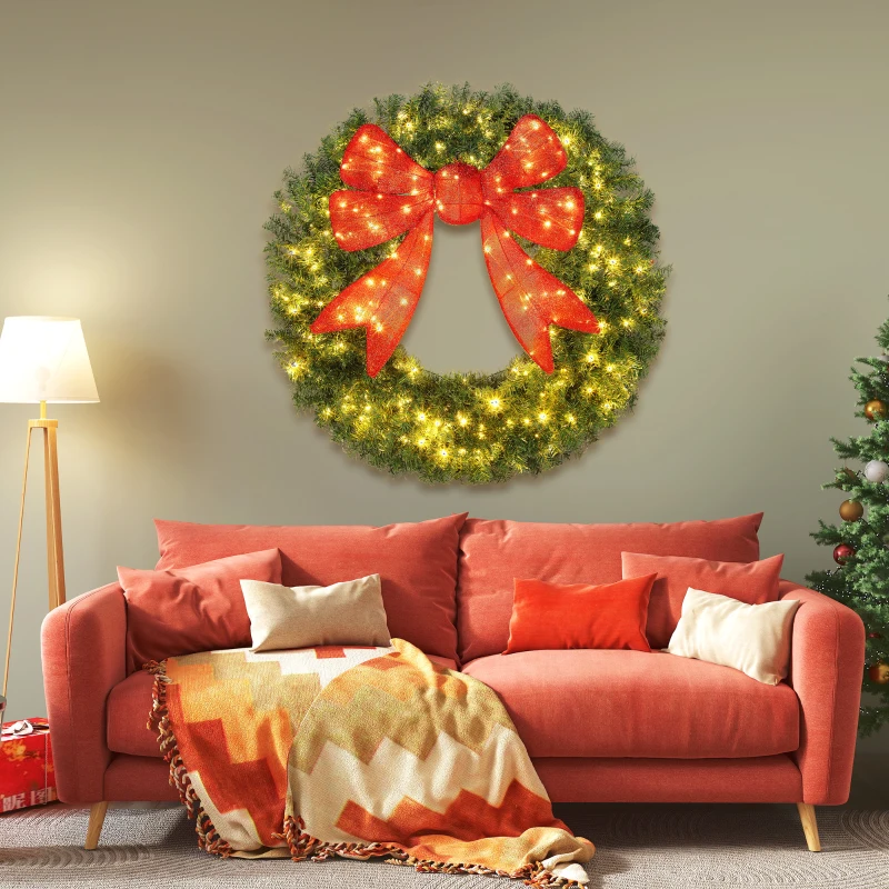 HOMCOM 48in Pre-Lit Christmas Wreath with 3D Red Bow, 11 Lighting Modes, Front Door Christmas Wreath with Remote