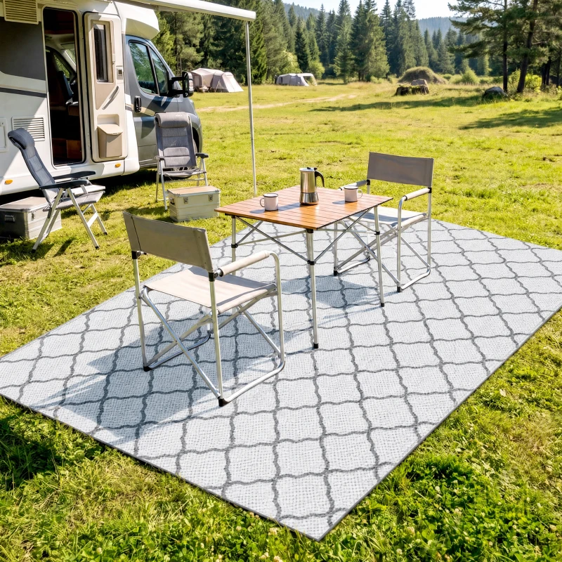 Outsunny Waterproof  Outdoor Rug, 6' x 9' RV Rug Reversible Mat for Backyard, Deck, Picnic, Beach, Camping, Grey & White Net